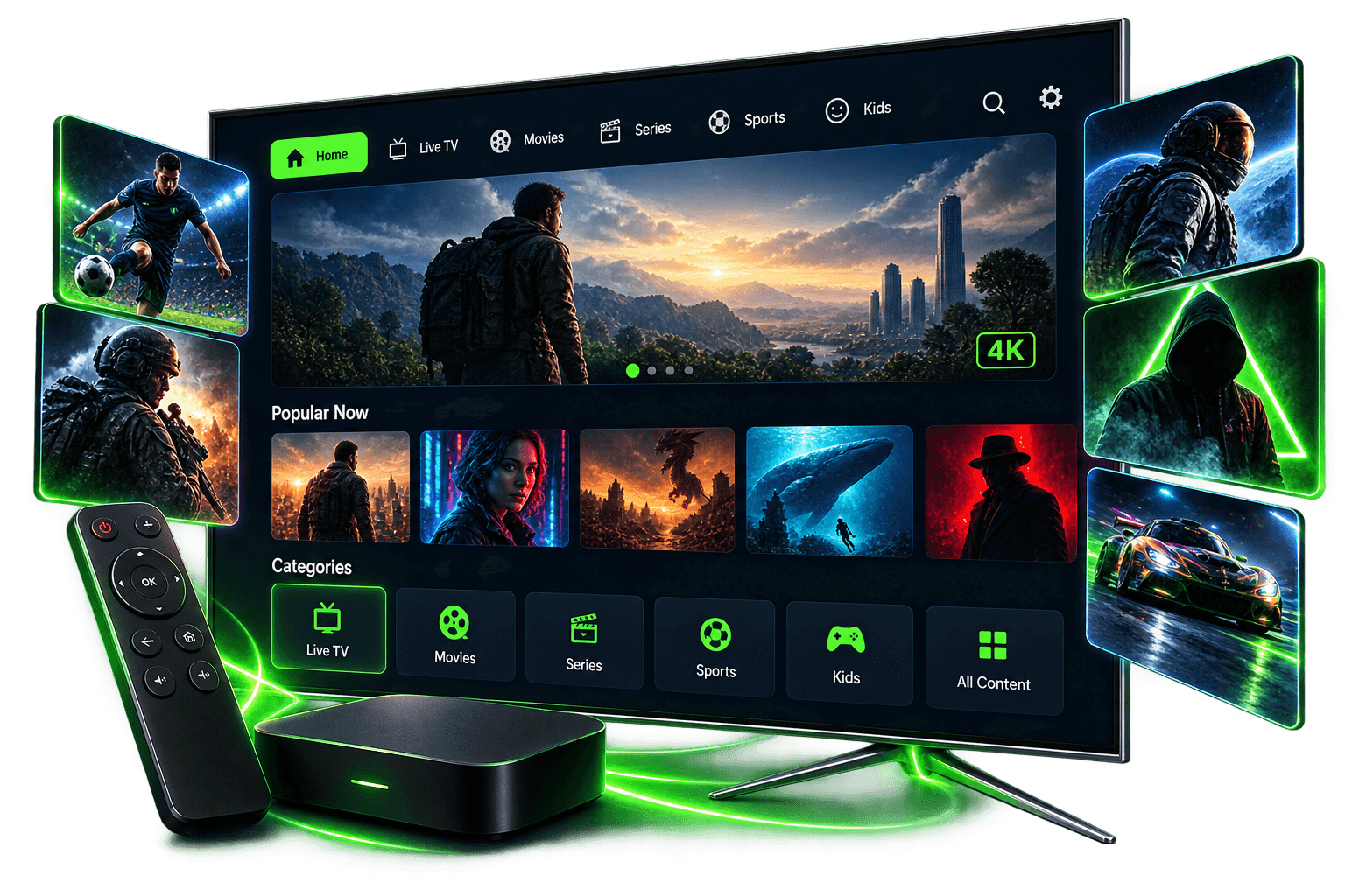 Zyminex IPTV app on a 4K Smart TV with remote and streaming box