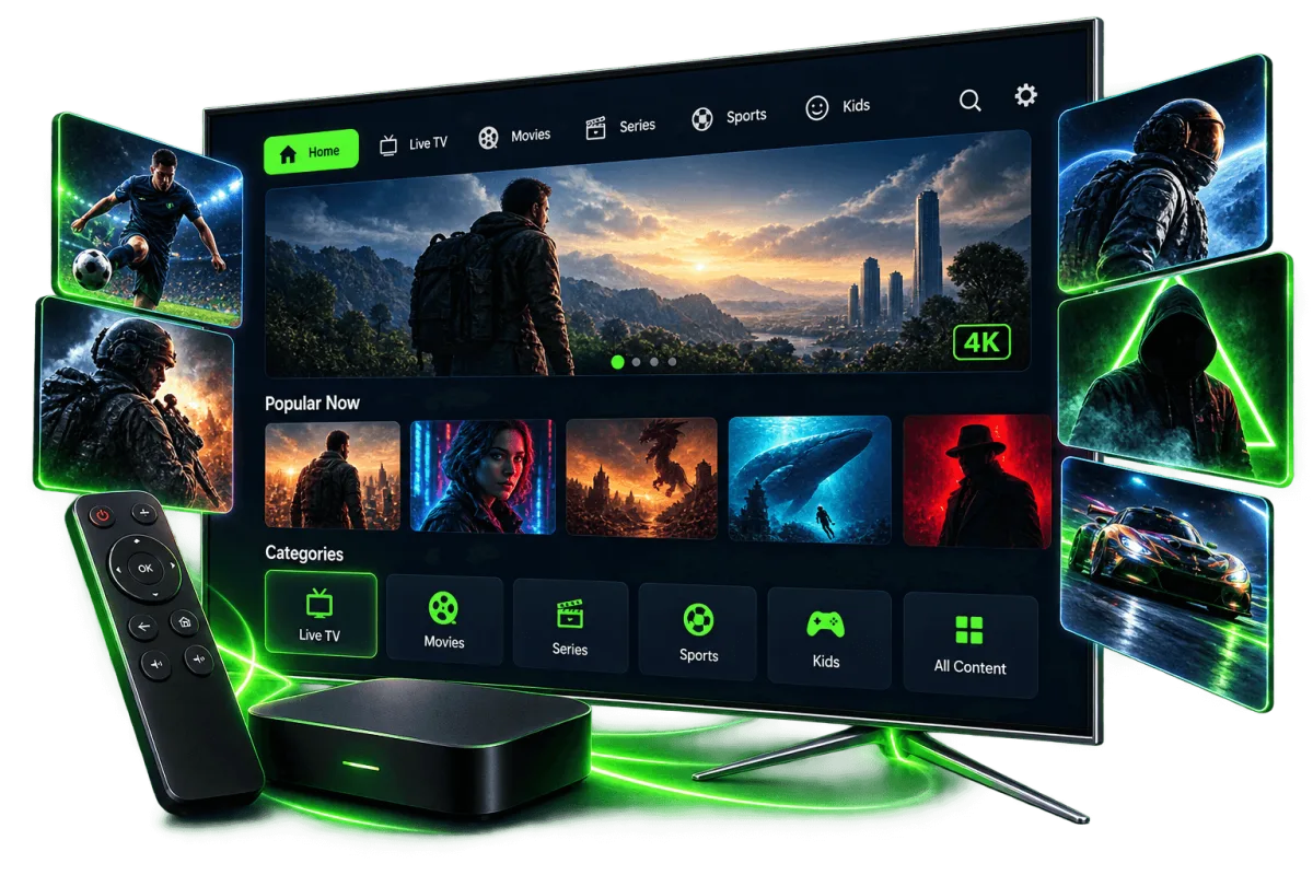 Zyminex IPTV app on a 4K Smart TV with remote and streaming box