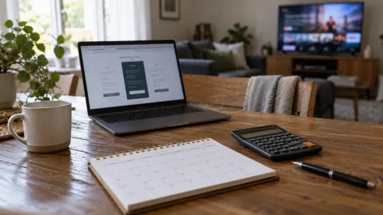 Paper calendar and calculator beside a laptop for planning a television subscription