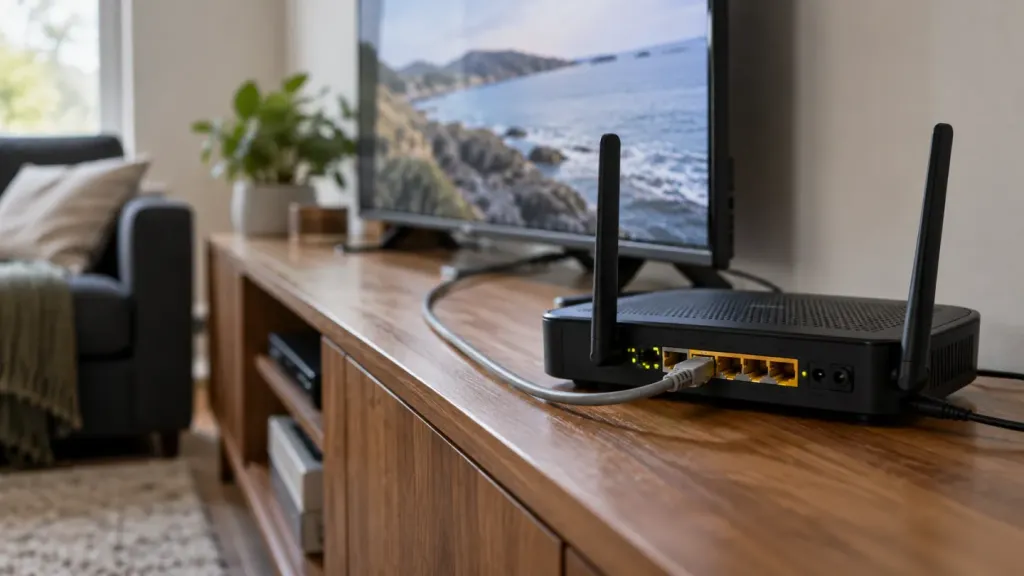 Home router with an Ethernet cable beside a television cabinet