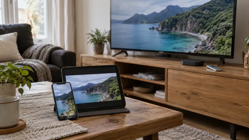 Phone and tablet on a coffee table with a television and streaming box behind them