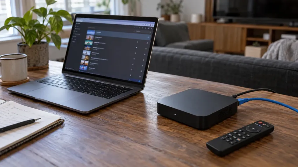 Laptop with a playlist interface beside a set-top box and remote control