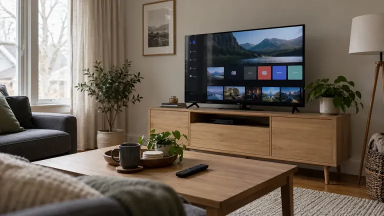 Smart TV on a wooden console with an app menu and a remote on the coffee table