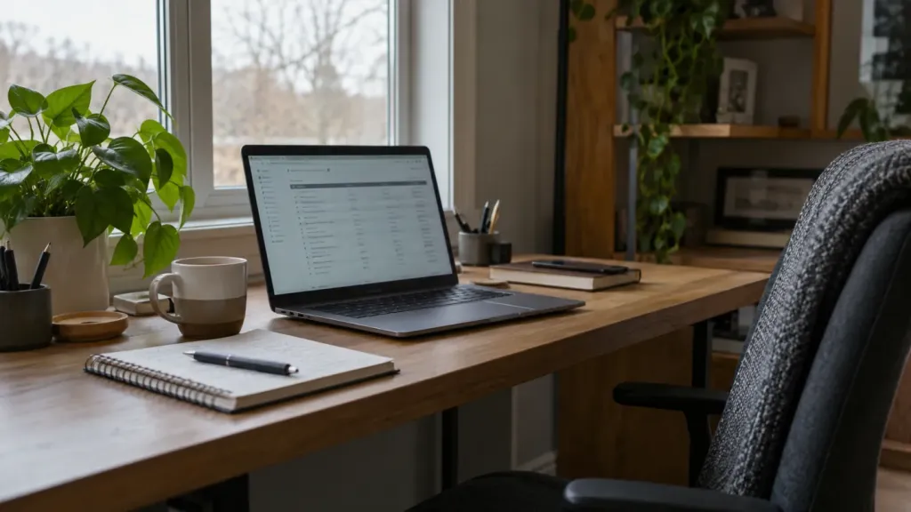 Home office desk with a laptop showing customer accounts and a notebook